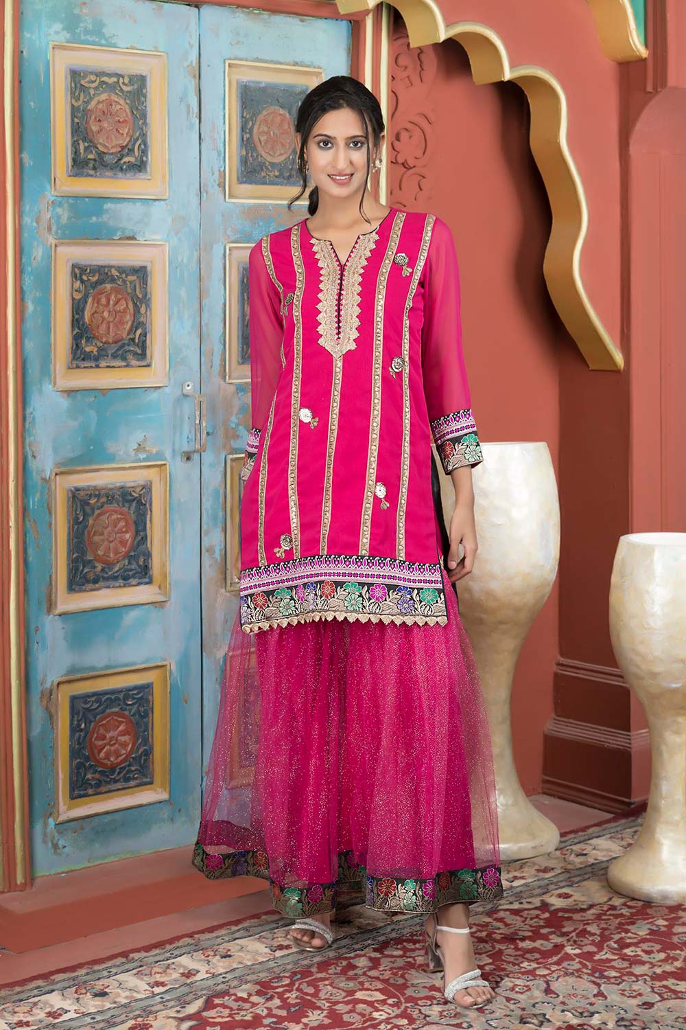 Pink Embroidered Georgette Straight Cut Kurti Sharara Set