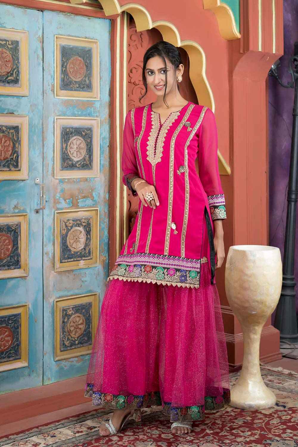 Pink Embroidered Georgette Straight Cut Kurta Sharara Set