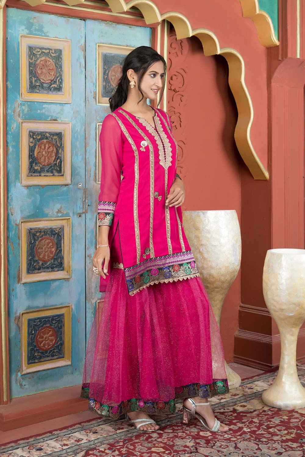 Pink Embroidered Georgette Straight Cut Kurti Sharara Set