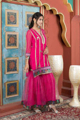 Pink Embroidered Georgette Straight Cut Kurta Sharara Set