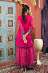 Pink Embroidered Georgette Straight Cut Kurta Sharara Set