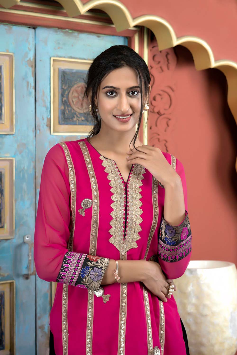 Pink Embroidered Georgette Straight Cut Kurta Sharara Set