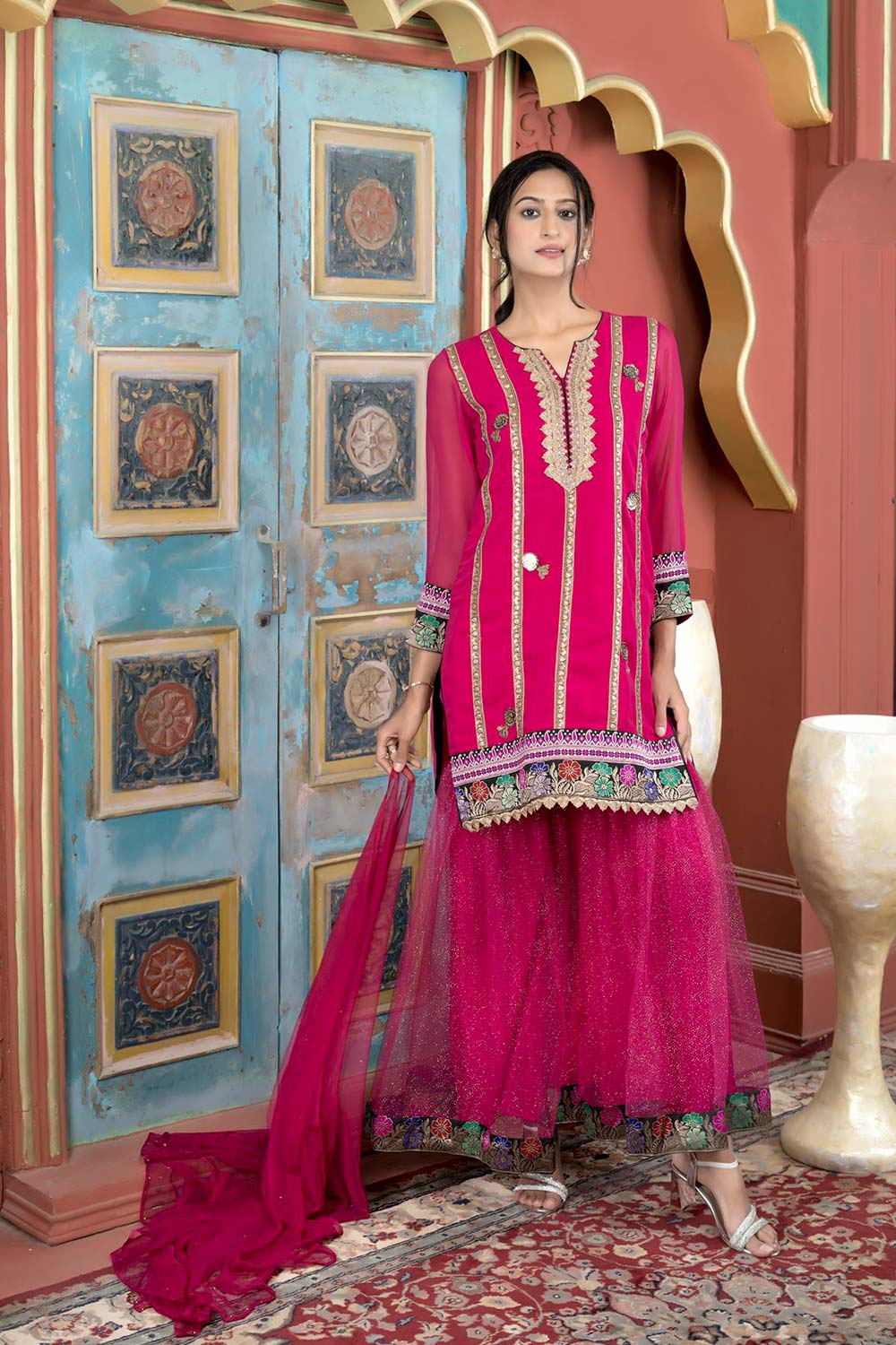 Pink Georgette Stitched Straight Cut Sharara Kurti Dupatta Readymade Suits