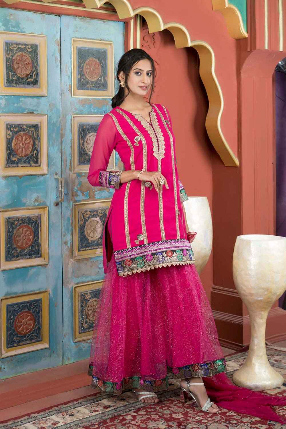 Pink Georgette Stitched Straight Cut Sharara Kurti Dupatta Readymade Suits