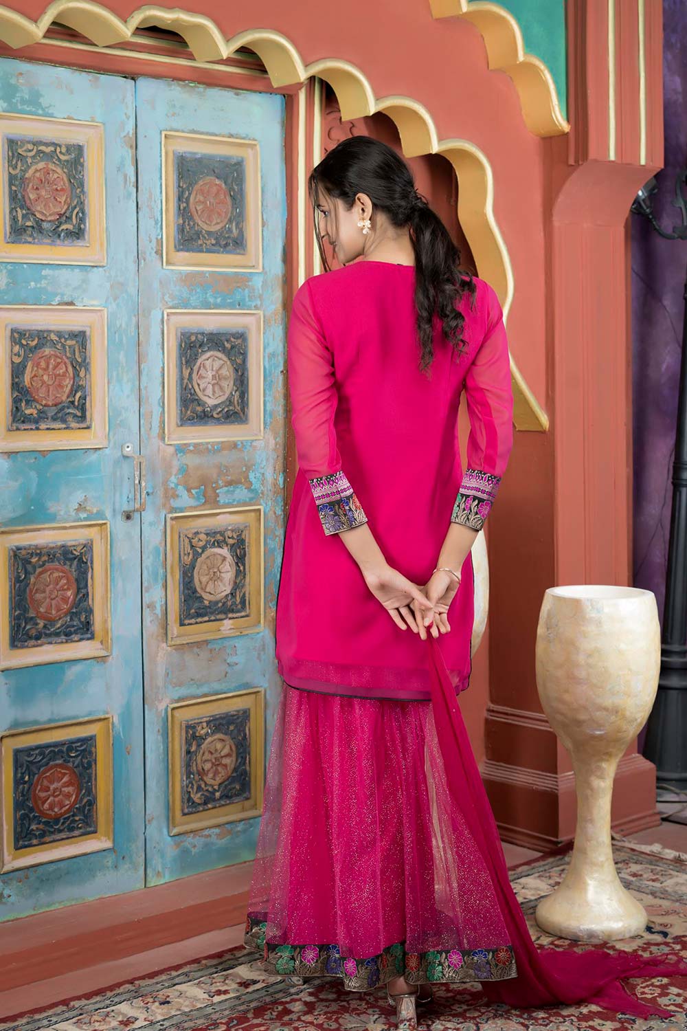 Pink Georgette Stitched Straight Cut Sharara Kurti Dupatta Readymade Suits