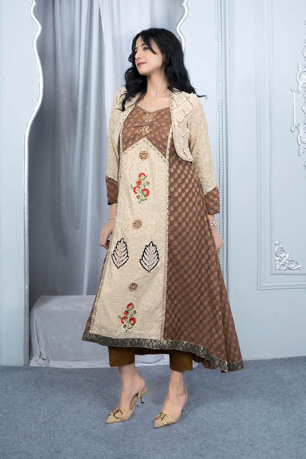 Beige Embroidered Silk Asymmetrical Kurti Pant Set