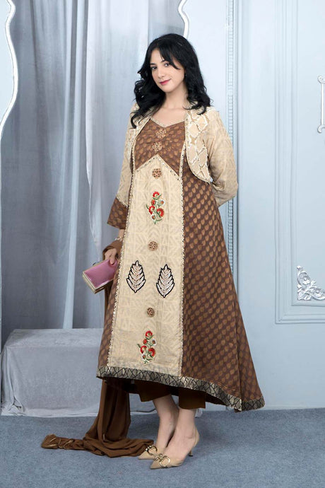 Beige Embroidered Silk Stitched Asymmetrical Trouser Kurti With Dupatta