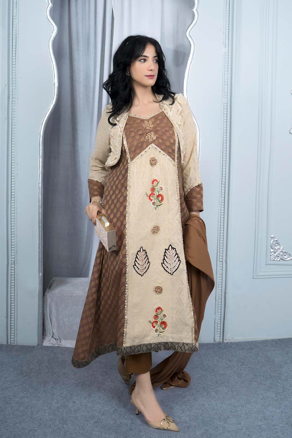 Beige Embroidered Silk Stitched Asymmetrical Trouser Kurta With Dupatta