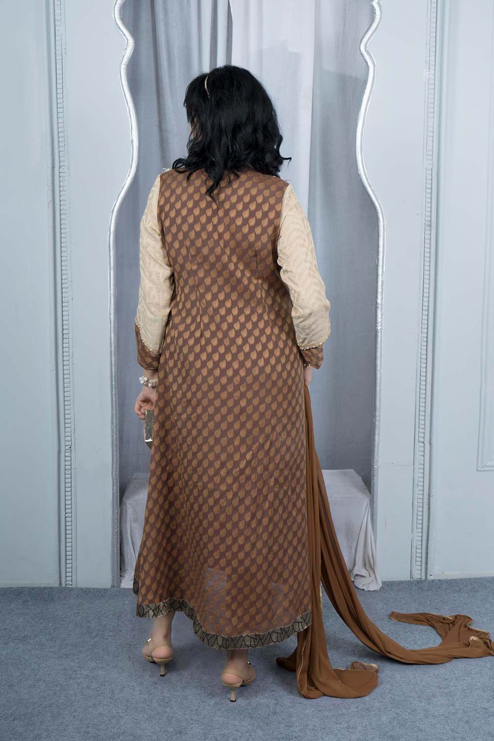 Beige Embroidered Silk Stitched Asymmetrical Trouser Kurta With Dupatta