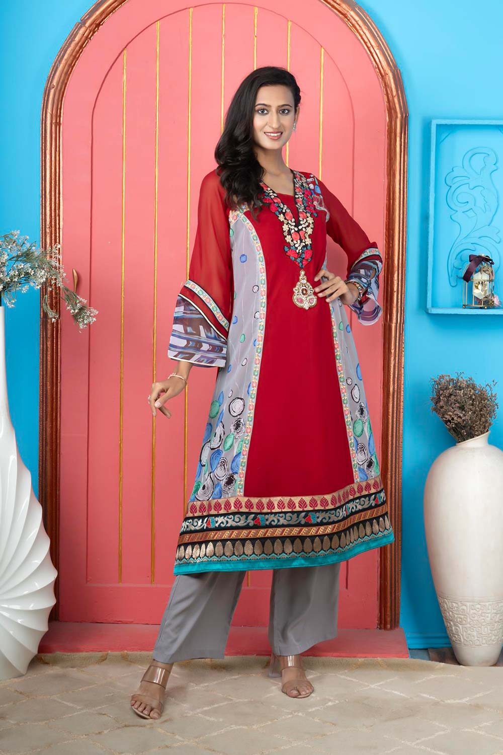 Maroon Embroidered Georgette Anarkali Kurta