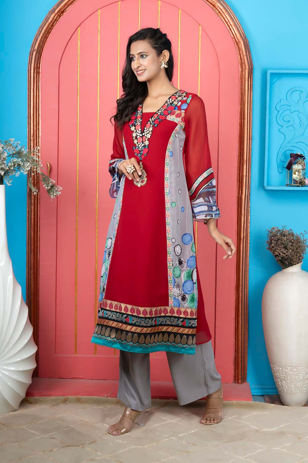 Maroon Embroidered Georgette Anarkali Kurta