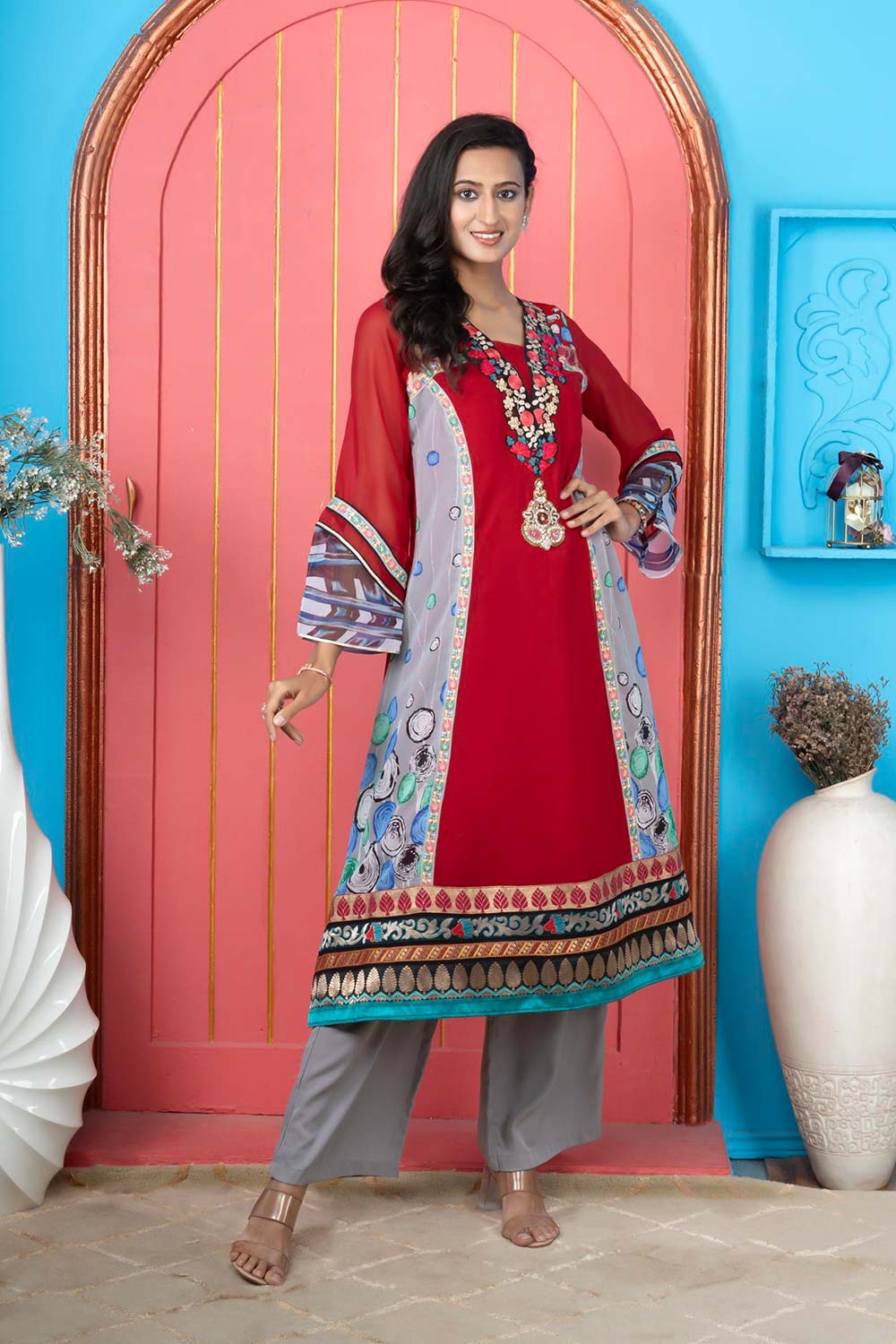 Maroon Embroidered Georgette Anarkali Kurti Palazzo Set