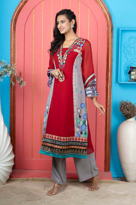 Maroon Embroidered Georgette Anarkali Kurta Palazzo Set