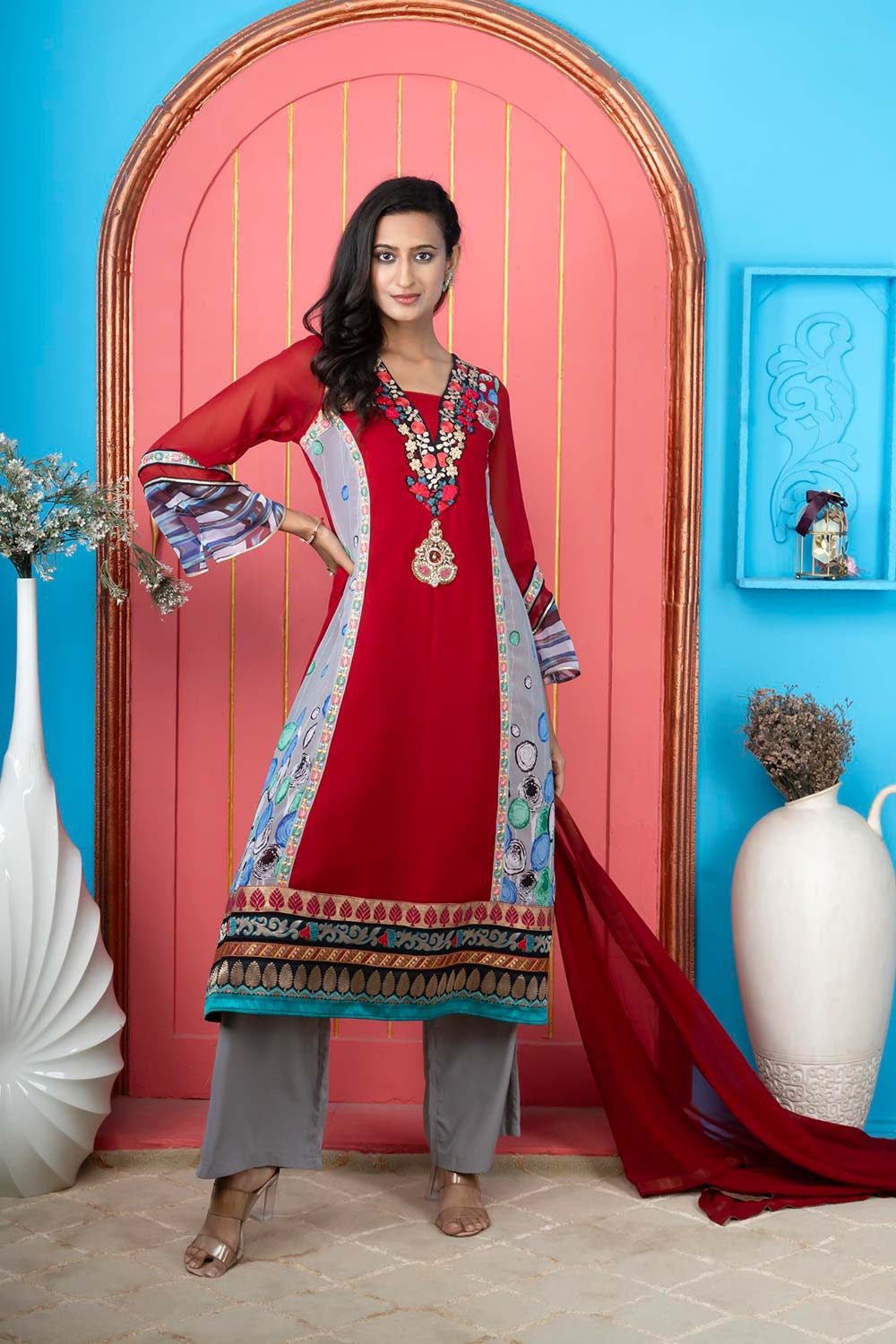 Maroon Georgette Stitched Anarkali Palazzo Kurta Dupatta Readymade Suits