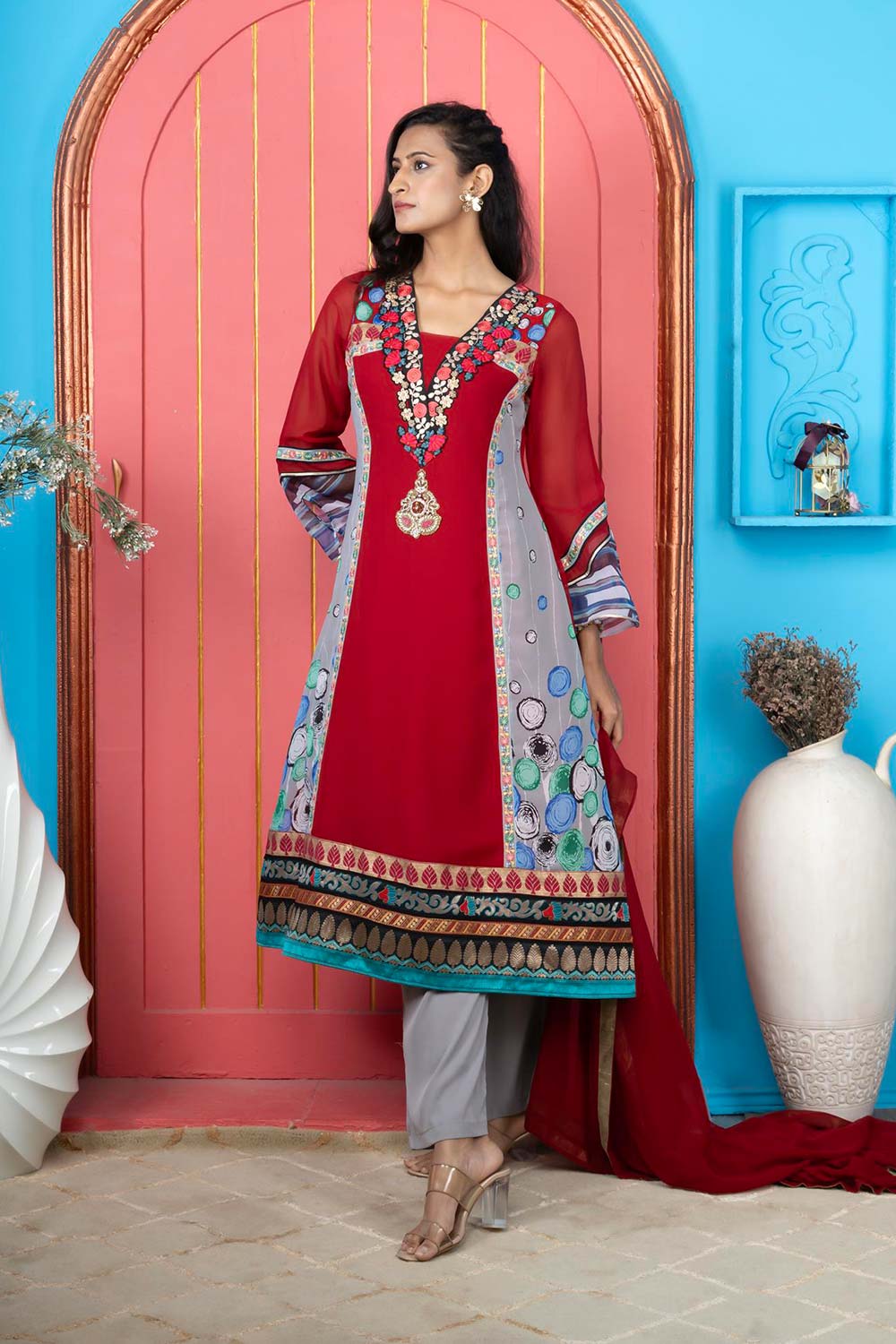 Maroon Georgette Stitched Anarkali Palazzo Kurta Dupatta Readymade Suits