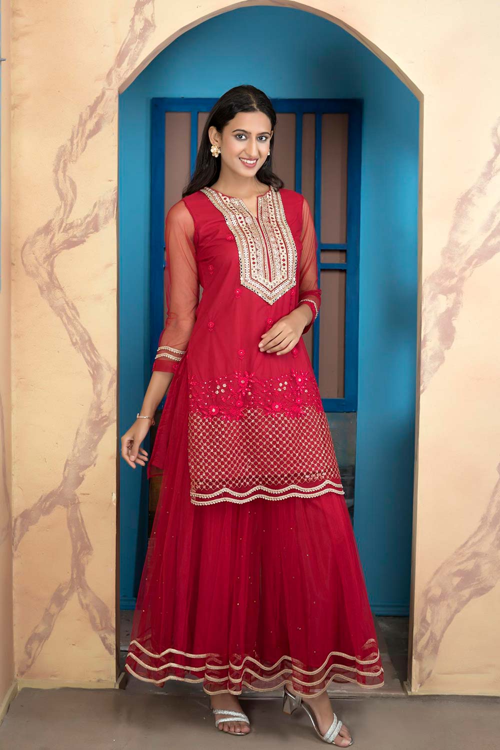 Pink Embroidered Net Straight Cut Kurti