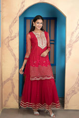 Pink Embroidered Net Straight Cut Kurta Sharara Set