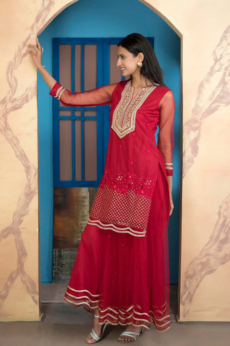 Pink Embroidered Net Straight Cut Kurta Sharara Set