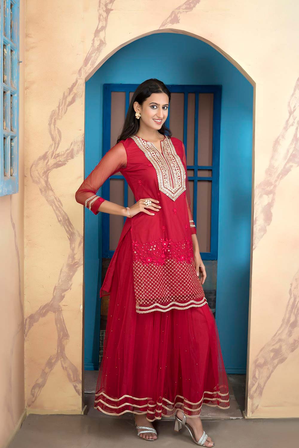 Pink Embroidered Net Straight Cut Kurta Sharara Set