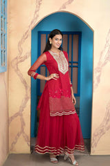 Pink Embroidered Net Straight Cut Kurti Sharara Set