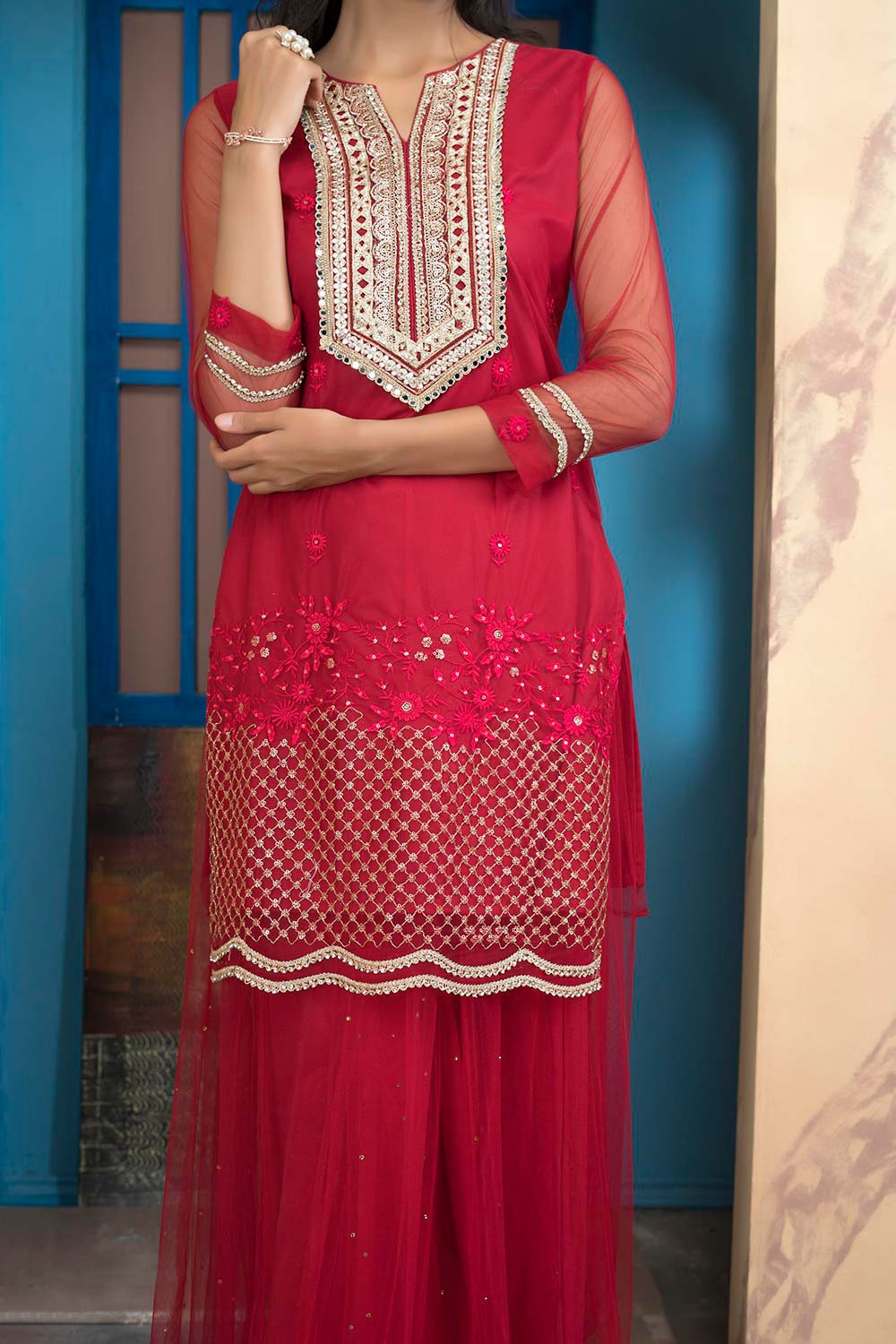 Pink Embroidered Net Straight Cut Kurta Sharara Set