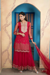 Pink Net Stitched Straight Cut Sharara Kurta Dupatta Readymade Suits