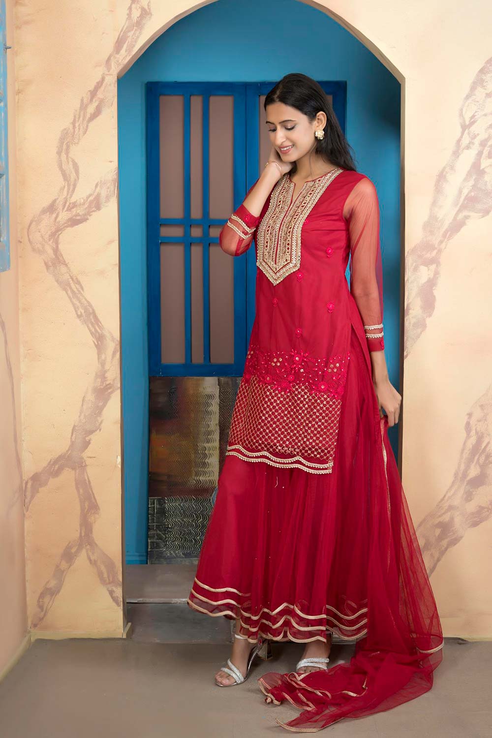 Pink Net Stitched Straight Cut Sharara Kurta Dupatta Readymade Suits