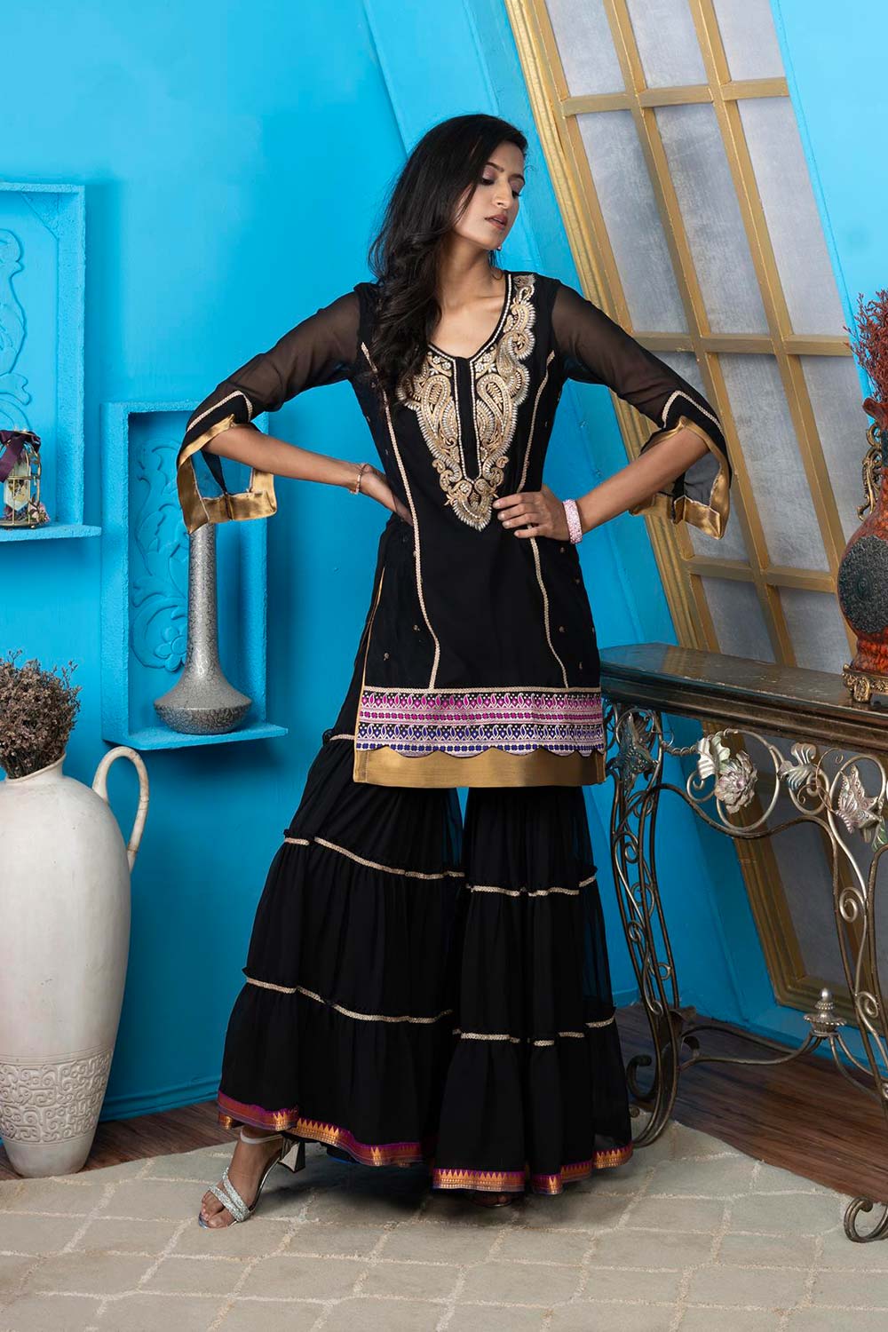 Black Embroidered Georgette Straight Cut Kurti