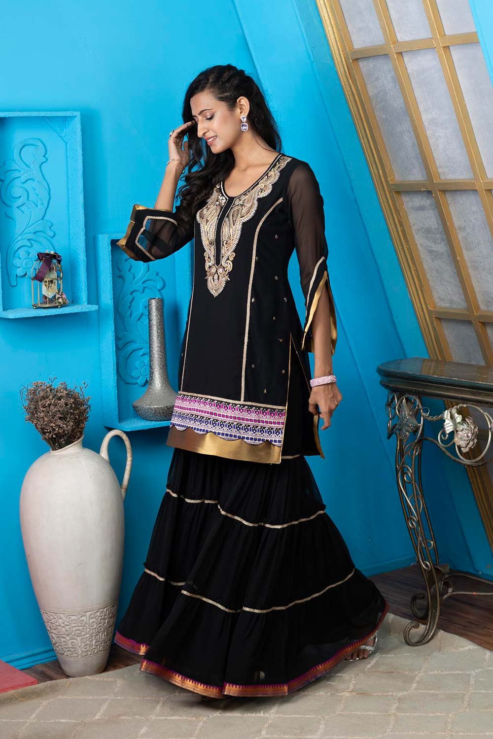 Black Embroidered Georgette Straight Cut Kurta