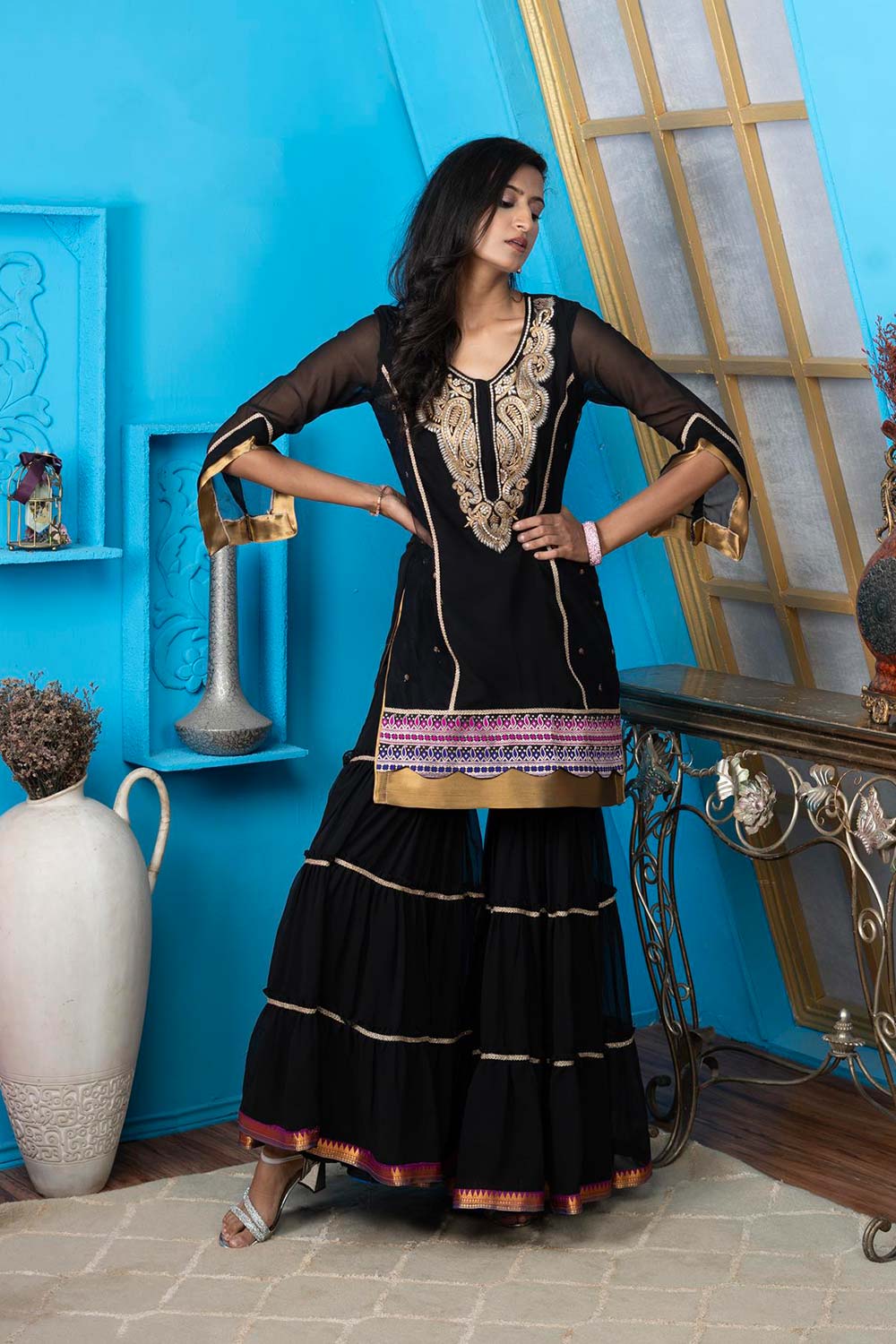 Black Embroidered Georgette Straight Cut Kurti Sharara Set