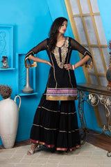 Black Embroidered Georgette Straight Cut Kurta Sharara Set