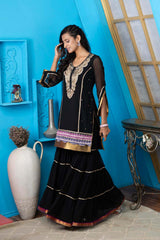 Black Embroidered Georgette Straight Cut Kurti Sharara Set