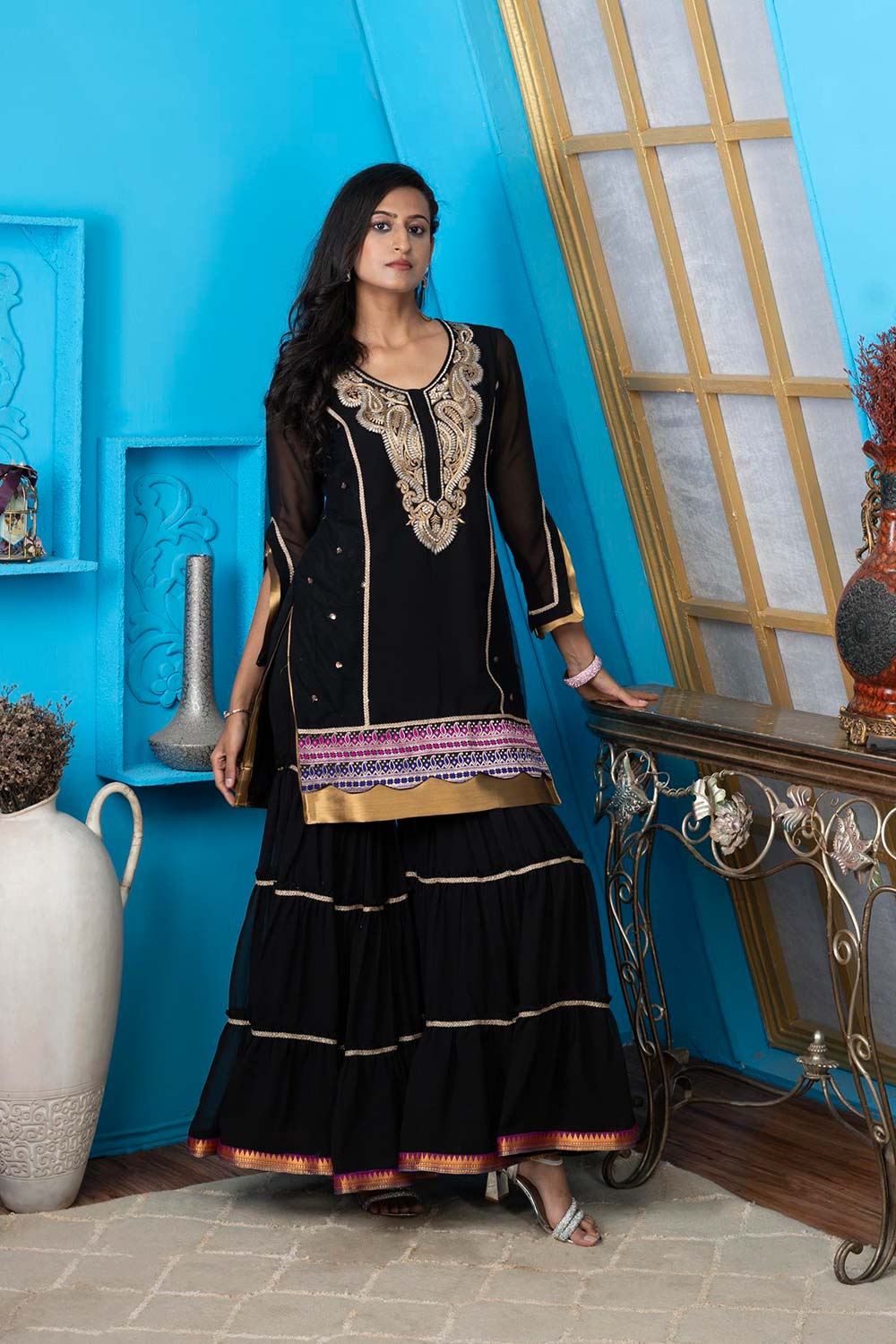 Black Embroidered Georgette Straight Cut Kurta Sharara Set