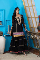 Black Embroidered Georgette Straight Cut Kurti Sharara Set