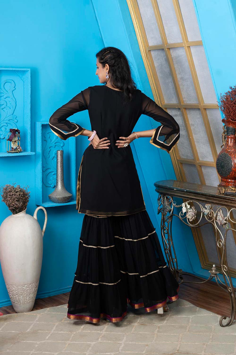 Black Embroidered Georgette Straight Cut Kurti Sharara Set