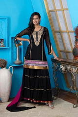 Black Georgette Stitched Straight Cut Sharara Kurti Dupatta Readymade Suits