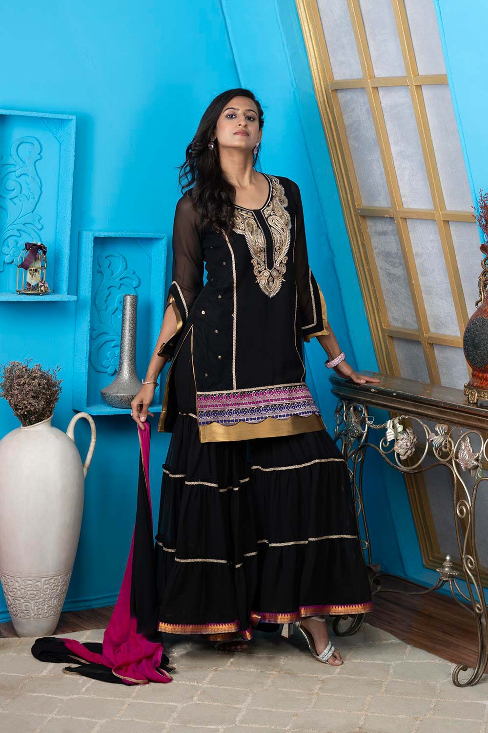 Black Georgette Stitched Straight Cut Sharara Kurti Dupatta Readymade Suits