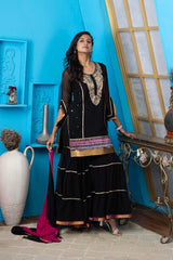 Black Georgette Stitched Straight Cut Sharara Kurta Dupatta Readymade Suits