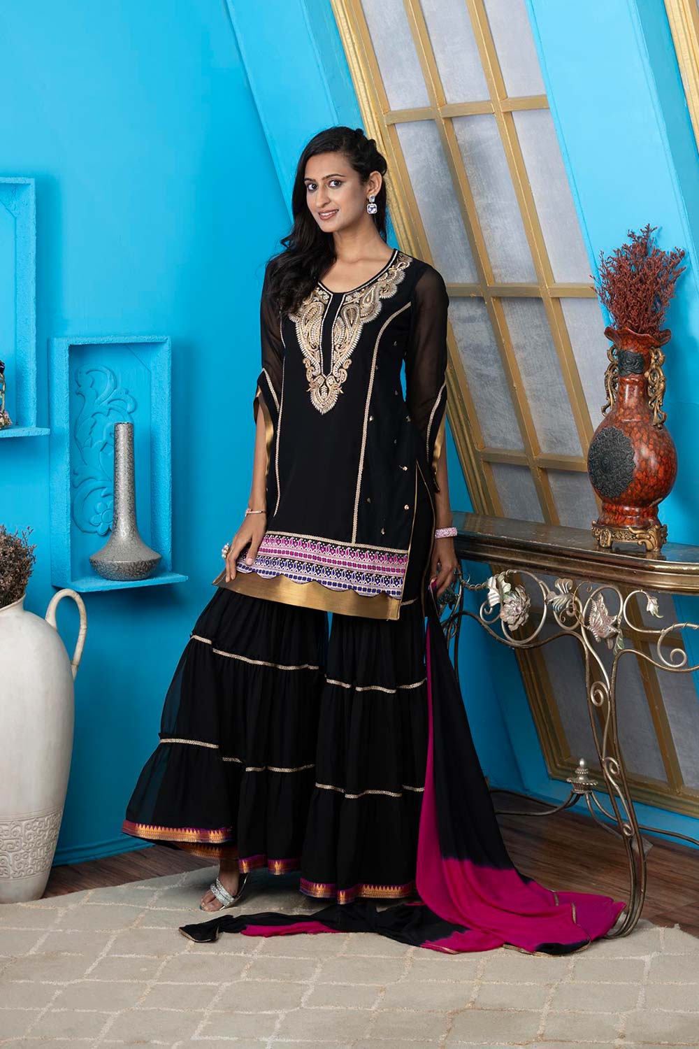 Black Georgette Stitched Straight Cut Sharara Kurti Dupatta Readymade Suits