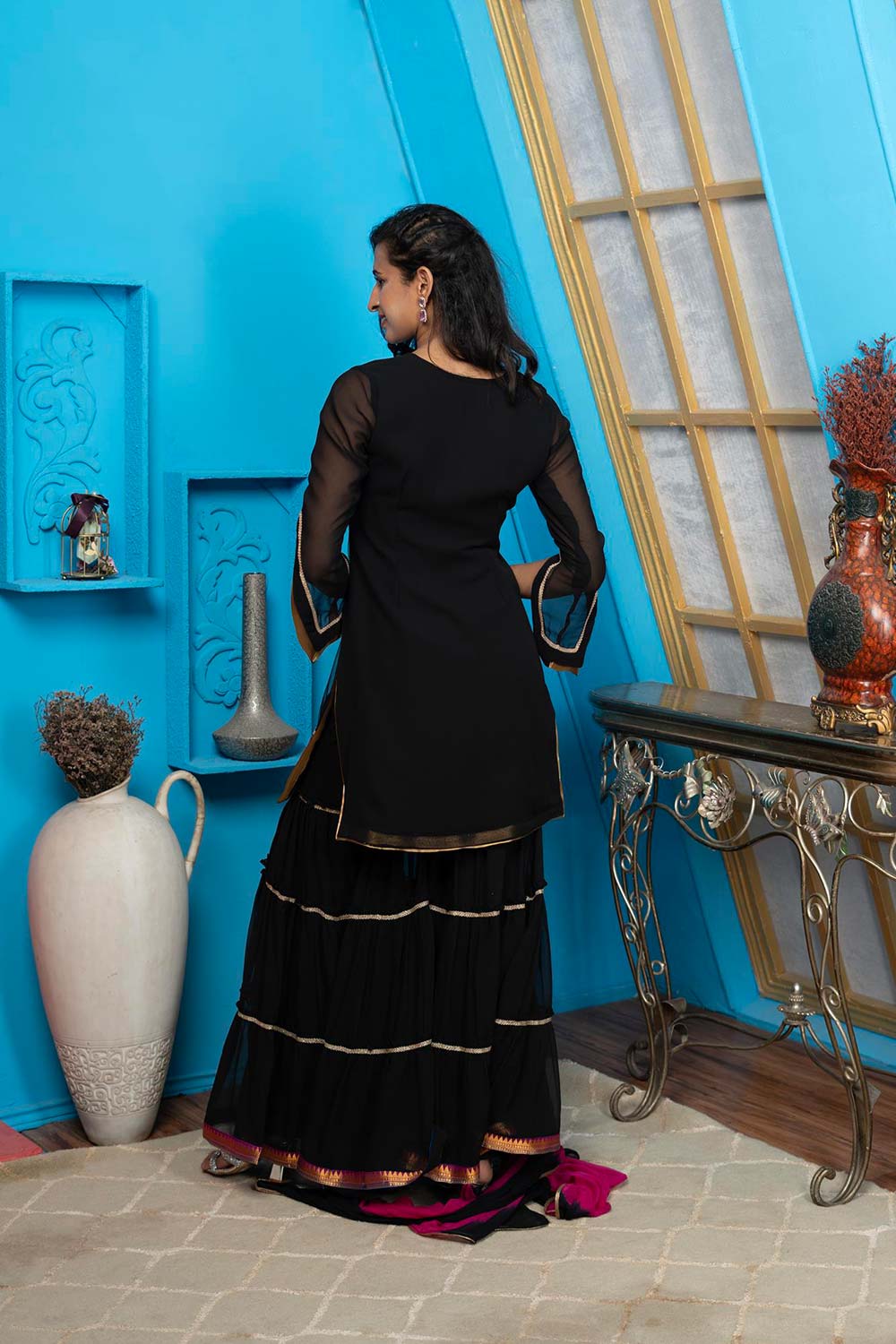 Black Georgette Stitched Straight Cut Sharara Kurti Dupatta Readymade Suits