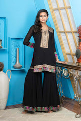 Black Embroidered Georgette Straight Cut Kurti