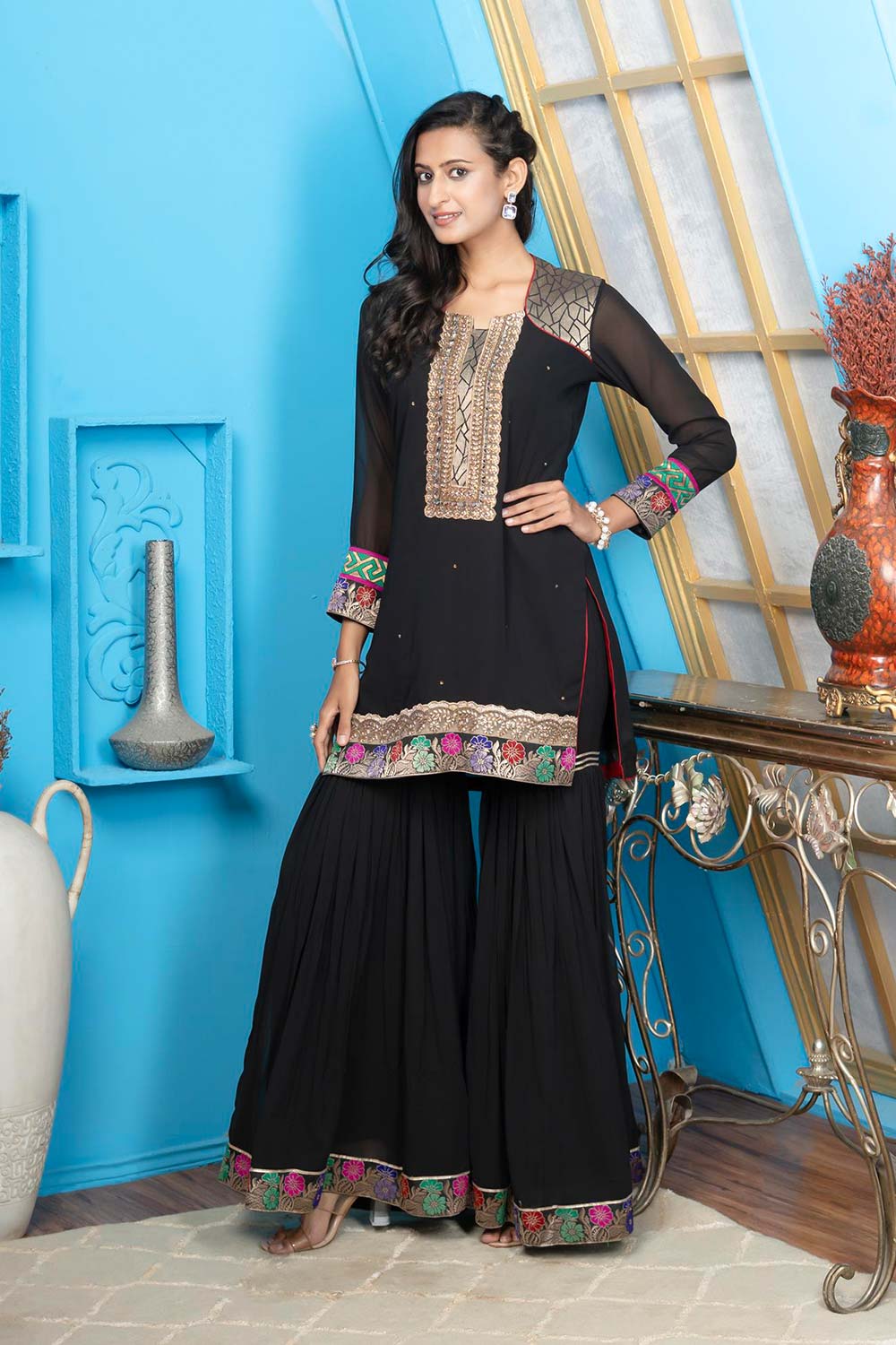 Black Embroidered Georgette Straight Cut Kurti