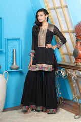 Black Embroidered Georgette Straight Cut Kurta