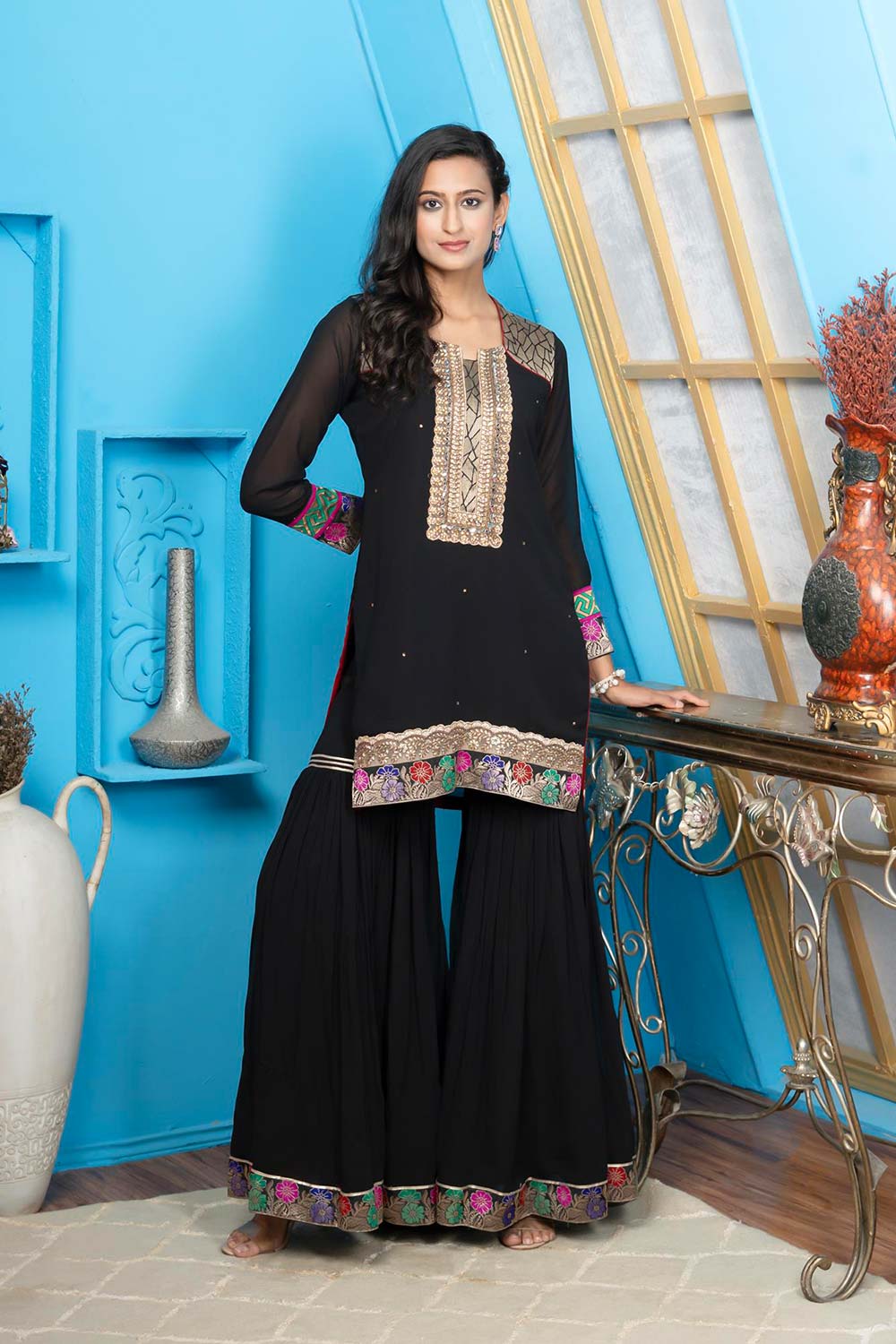 Black Embroidered Georgette Straight Cut Kurti Sharara Set