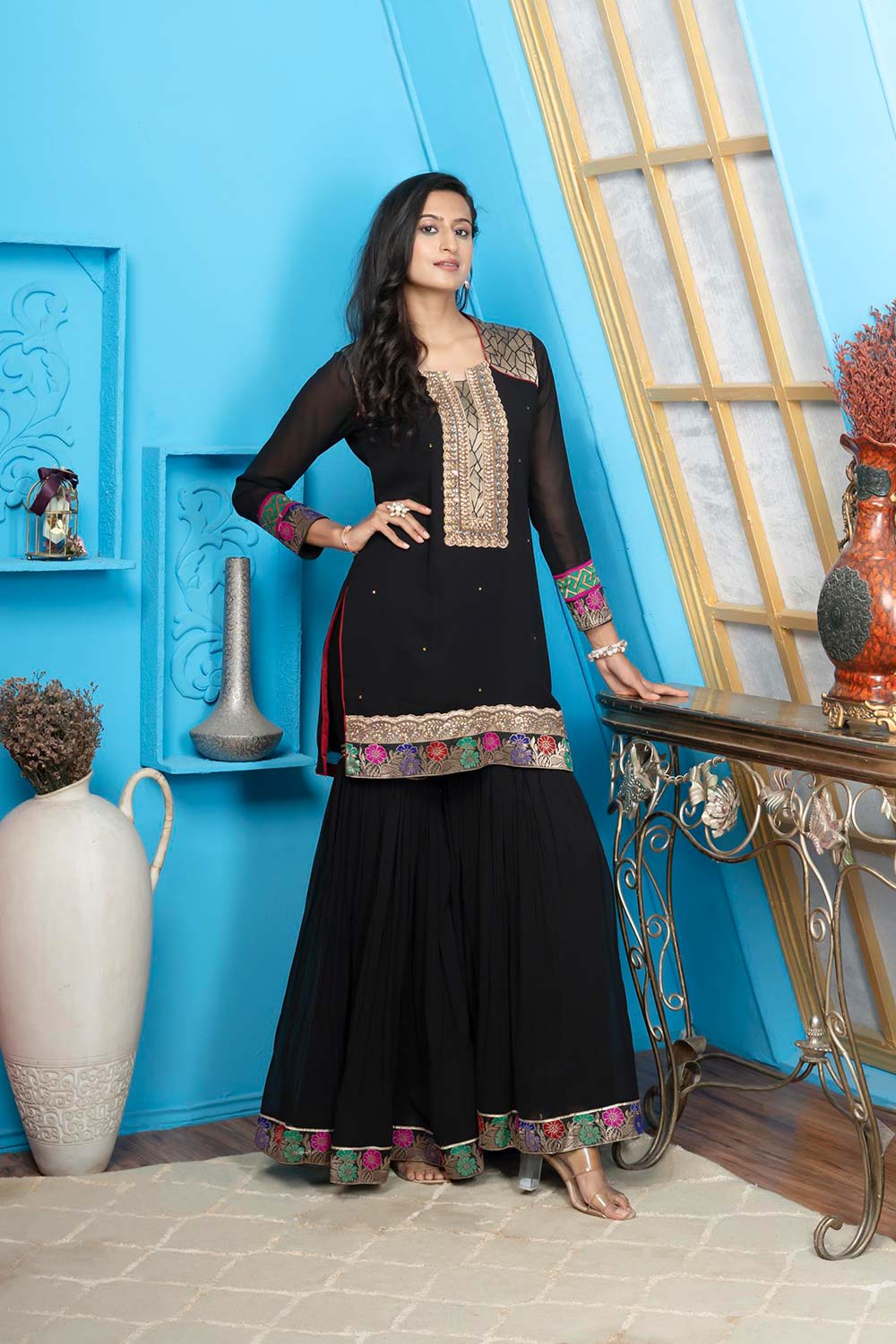 Black Embroidered Georgette Straight Cut Kurta Sharara Set