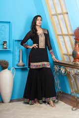 Black Embroidered Georgette Straight Cut Kurti Sharara Set