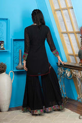 Black Embroidered Georgette Straight Cut Kurti Sharara Set