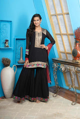 Black Georgette Stitched Straight Cut Sharara Kurta Dupatta Readymade Suits