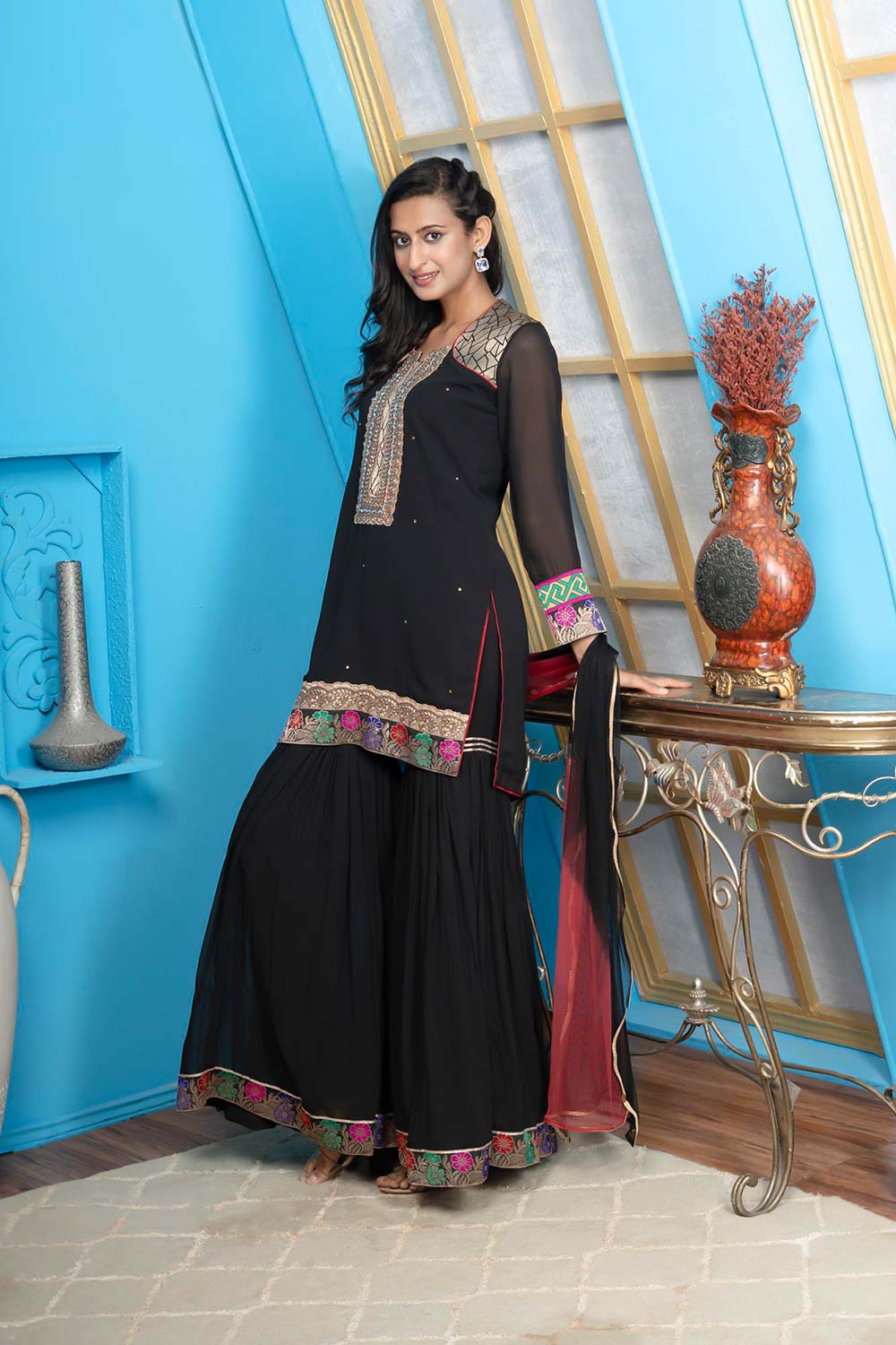 Black Georgette Stitched Straight Cut Sharara Kurti Dupatta Readymade Suits