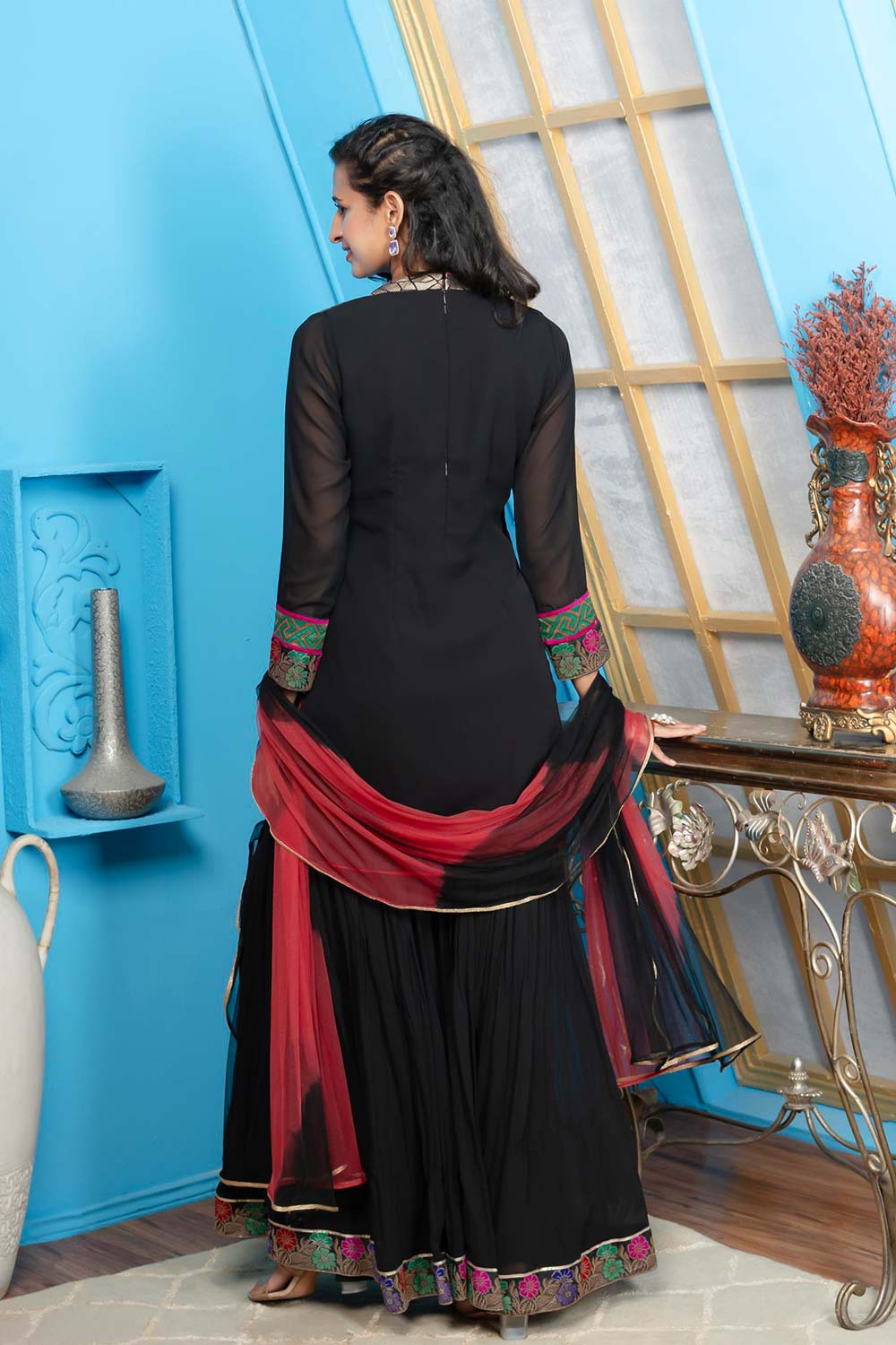 Black Georgette Stitched Straight Cut Sharara Kurti Dupatta Readymade Suits